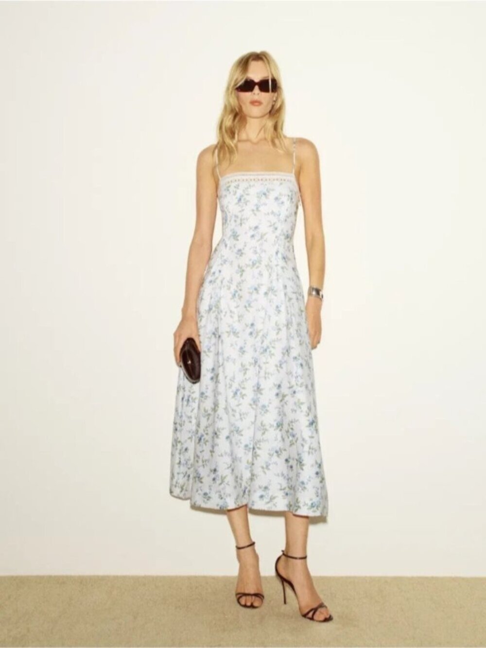 NEW Reformation Pomona Linen Lace Trim Midi Dress Nostalgia Floral | US 4 UK 8 - Picture 2 of 12